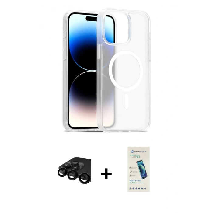 MARSİLYAN™- iPhone 15 Pro Kılıf Siluet Minimal Prime - Şeffaf Pasifik Cam Ekran Koruyucu + Raze Metal Kamera Lens - SH
