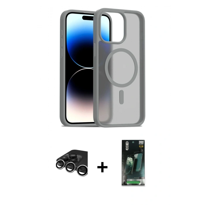 MARSİLYAN™- iPhone 15 Pro Kılıf Siluet Minimal Prime - Siyah 360 Mat Full Body Arka Koruyucu + Raze Metal Kamera Lens - GS