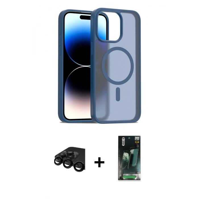 MARSİLYAN™- iPhone 15 Pro Kılıf Siluet Minimal Prime - Siyah 360 Mat Full Body Arka Koruyucu + Raze Metal Kamera Lens - SH
