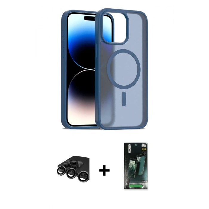 MARSİLYAN™- iPhone 15 Pro Kılıf Siluet Minimal Prime - Siyah 360 Mat Full Body Arka Koruyucu + Raze Metal Kamera Lens - TMGI