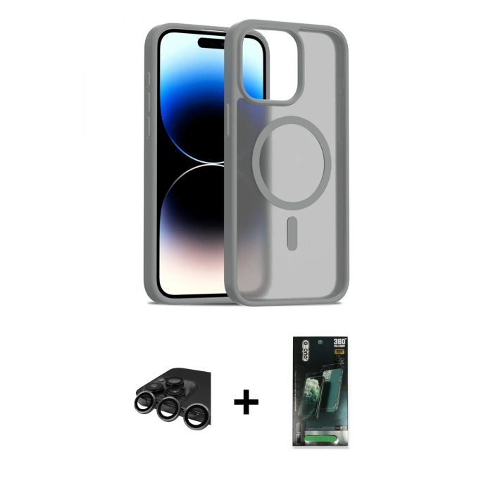 MARSİLYAN™- iPhone 15 Pro Kılıf Siluet Minimal Prime - Siyah 360 Mat Full Body Arka Koruyucu + Raze Metal Kamera Lens - TMGI