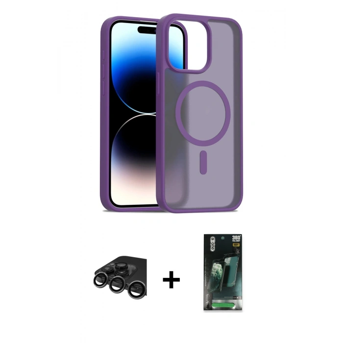 MARSİLYAN™- iPhone 15 Pro Kılıf Siluet Minimal Prime - Siyah 360 Mat Full Body Arka Koruyucu + Raze Metal Kamera Lens - TMGI