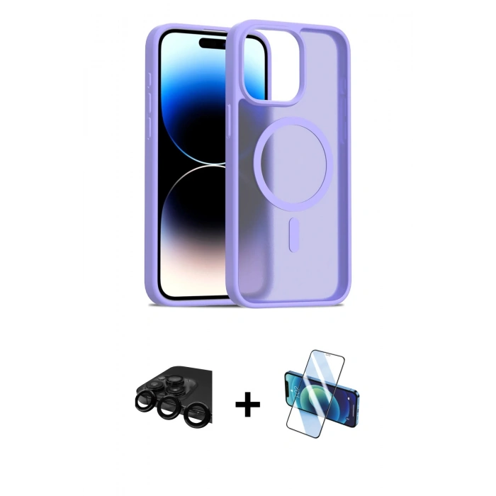 MARSİLYAN™- iPhone 15 Pro Kılıf Siluet Minimal Prime - Siyah 3D Antistatik Cam Ekran Koruyucu + Raze Metal Kamera Lens - SH