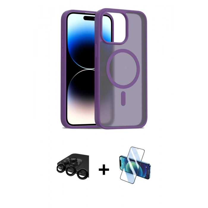 MARSİLYAN™- iPhone 15 Pro Kılıf Siluet Minimal Prime - Siyah 3D Antistatik Cam Ekran Koruyucu + Raze Metal Kamera Lens - SH