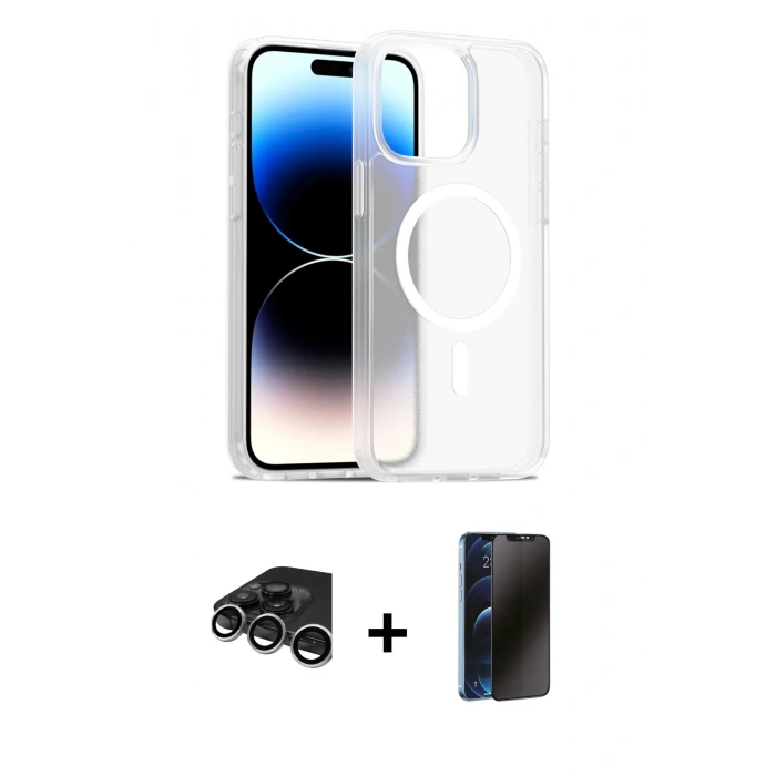 MARSİLYAN™- iPhone 15 Pro Kılıf Siluet Minimal Prime - Siyah 3D Antistatik Hayalet Cam Ekran Koruyucu + Raze Metal Kamera Lens - GS