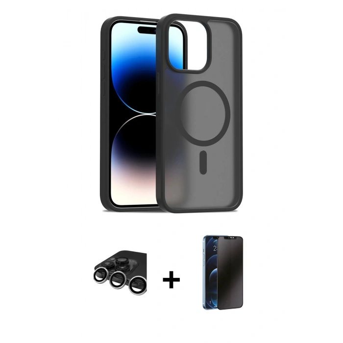 MARSİLYAN™- iPhone 15 Pro Kılıf Siluet Minimal Prime - Siyah 3D Antistatik Hayalet Cam Ekran Koruyucu + Raze Metal Kamera Lens - GS