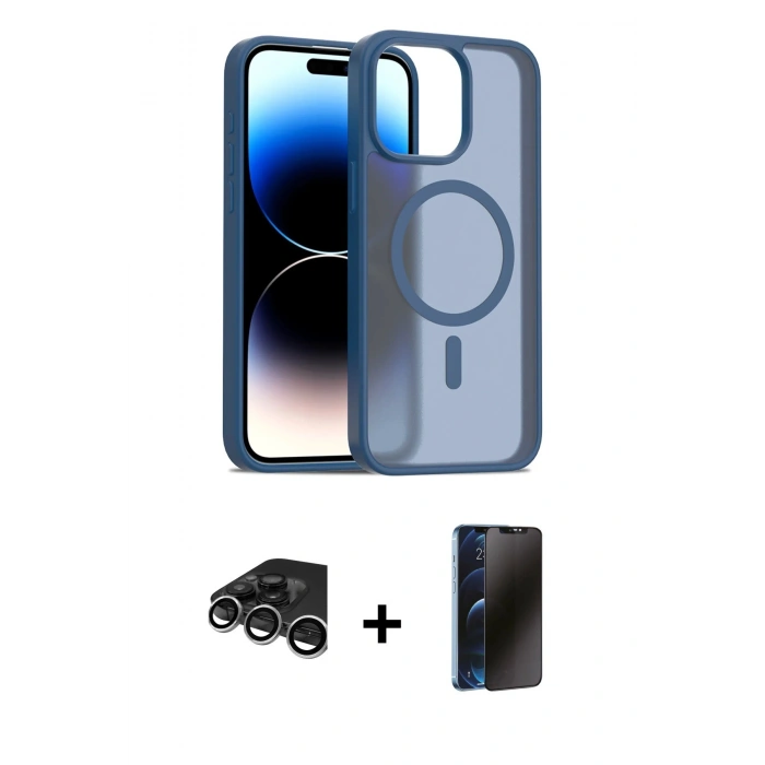 MARSİLYAN™- iPhone 15 Pro Kılıf Siluet Minimal Prime - Siyah 3D Antistatik Hayalet Cam Ekran Koruyucu + Raze Metal Kamera Lens - GS