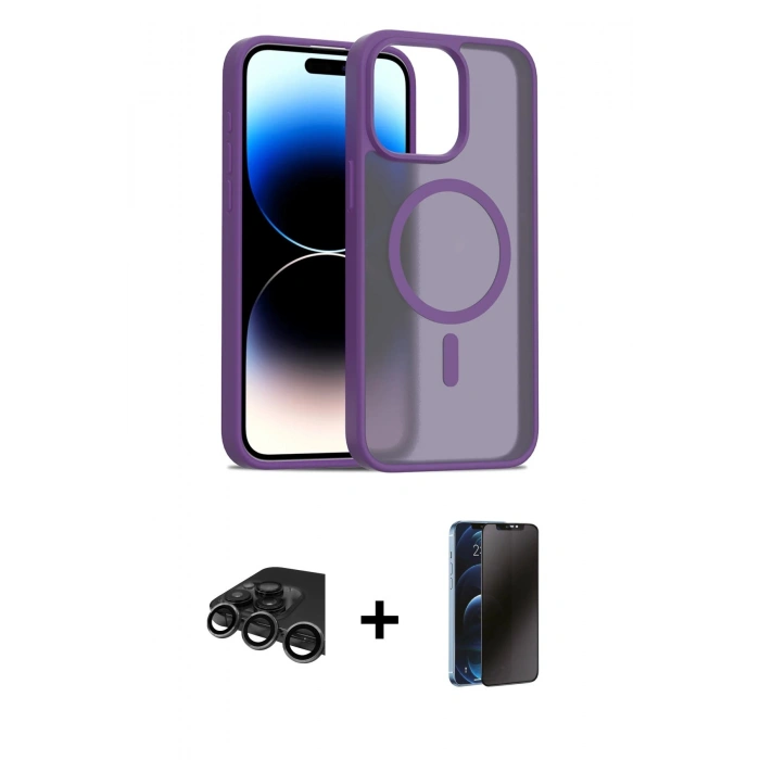 MARSİLYAN™- iPhone 15 Pro Kılıf Siluet Minimal Prime - Siyah 3D Antistatik Hayalet Cam Ekran Koruyucu + Raze Metal Kamera Lens - TMGI