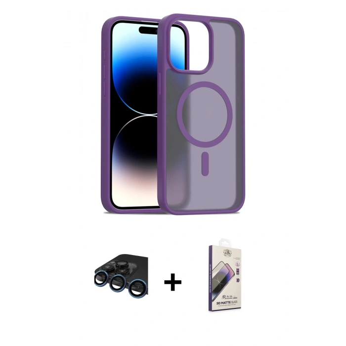 MARSİLYAN™- iPhone 15 Pro Kılıf Siluet Minimal Prime - Siyah Bilvis 3D Mat Cam Ekran Koruyucu + Raze Metal Kamera Lens - LT