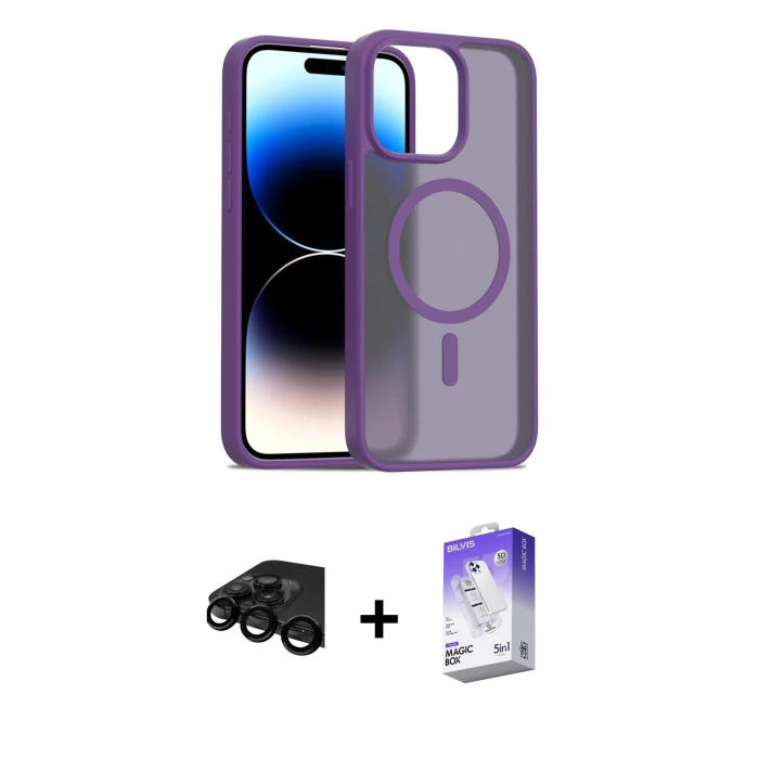 MARSİLYAN™- iPhone 15 Pro Kılıf Siluet Minimal Prime - Siyah Bilvis 5in1 3D Magic Cam Ekran Koruyucu + Raze Metal Kamera Lens - SH