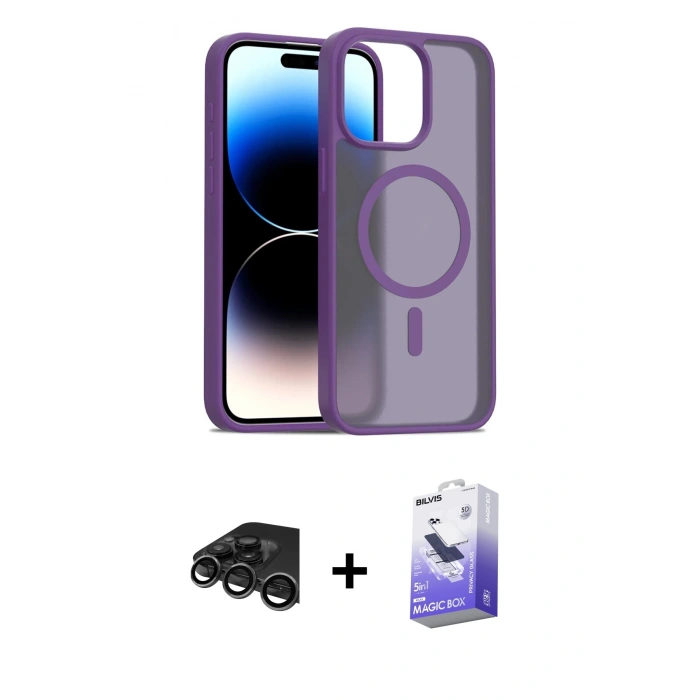 MARSİLYAN™- iPhone 15 Pro Kılıf Siluet Minimal Prime - Siyah Bilvis 5in1 5D Magic Hayalet Cam Ekran Koruyucu + Raze Metal Kamera Lens - TMGI