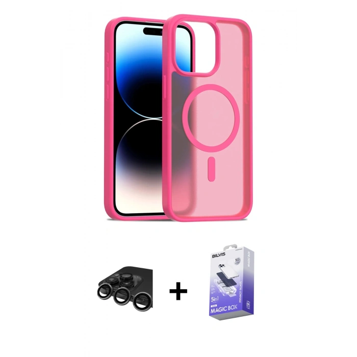 MARSİLYAN™- iPhone 15 Pro Kılıf Siluet Minimal Prime - Siyah Bilvis 5in1 5D Magic Hayalet Cam Ekran Koruyucu + Raze Metal Kamera Lens - TMGI