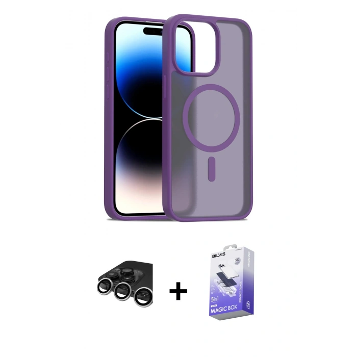 MARSİLYAN™- iPhone 15 Pro Kılıf Siluet Minimal Prime - Siyah Bilvis 5in1 5D Magic Hayalet Cam Ekran Koruyucu + Gümüş Raze Metal Kamera Lens