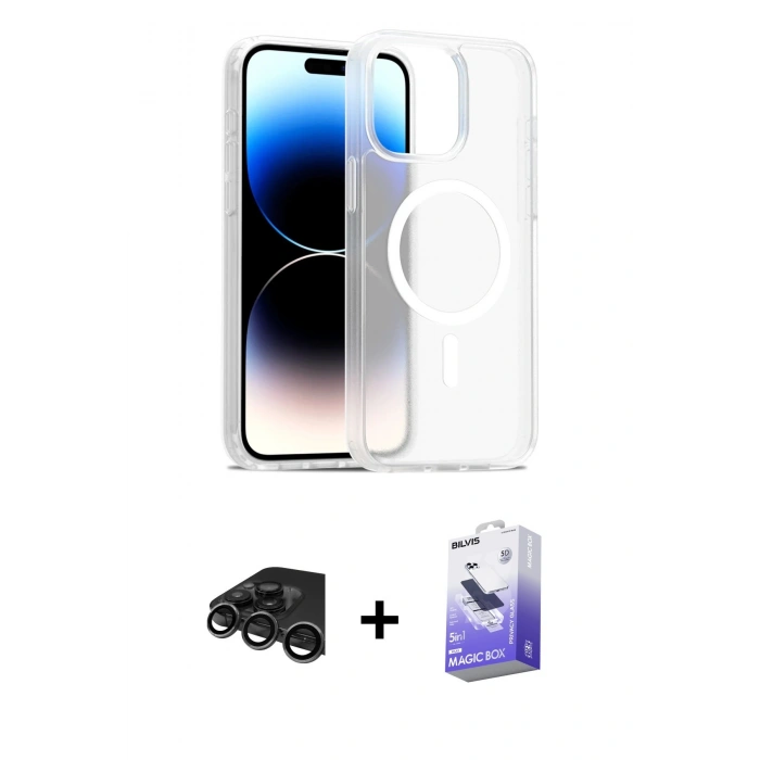 MARSİLYAN™- iPhone 15 Pro Kılıf Siluet Minimal Prime - Siyah Bilvis 5in1 5D Magic Hayalet Cam Ekran Koruyucu + Raze Metal Kamera Lens - TMGI