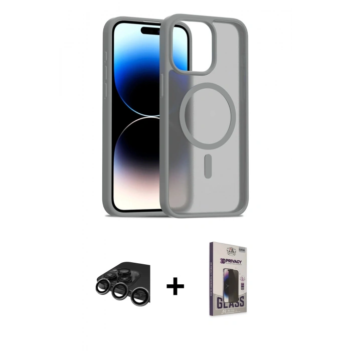 MARSİLYAN™- iPhone 15 Pro Kılıf Siluet Minimal Prime - Siyah Bilvis Hayalet Cam Ekran Koruyucu + Raze Metal Kamera Lens - TMGI