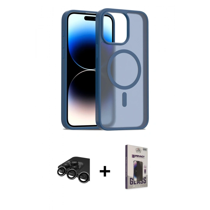MARSİLYAN™- iPhone 15 Pro Kılıf Siluet Minimal Prime - Siyah Bilvis Hayalet Cam Ekran Koruyucu + Raze Metal Kamera Lens - TMGI