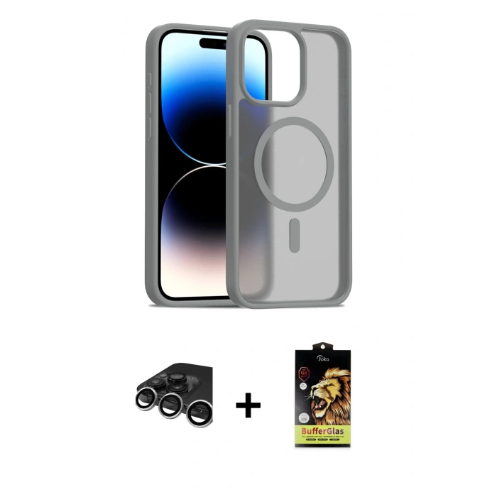 MARSİLYAN™- iPhone 15 Pro Kılıf Siluet Minimal Prime - Siyah Buffer Cam Ekran Koruyucu + Raze Metal Kamera Lens - GS