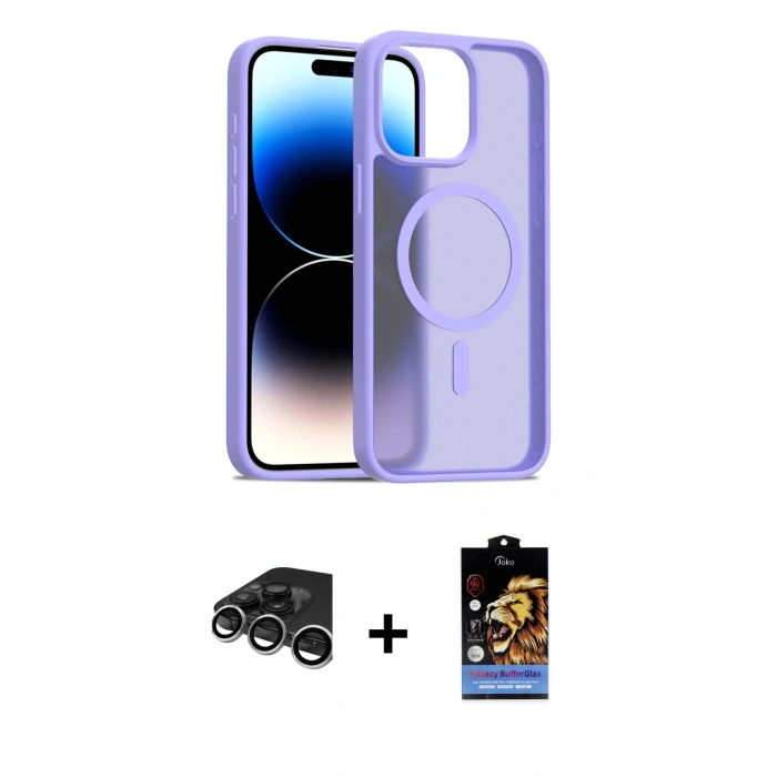 MARSİLYAN™- iPhone 15 Pro Kılıf Siluet Minimal Prime - Siyah Buffer Hayalet Cam Ekran Koruyucu + Gümüş Raze Metal Kamera Lens