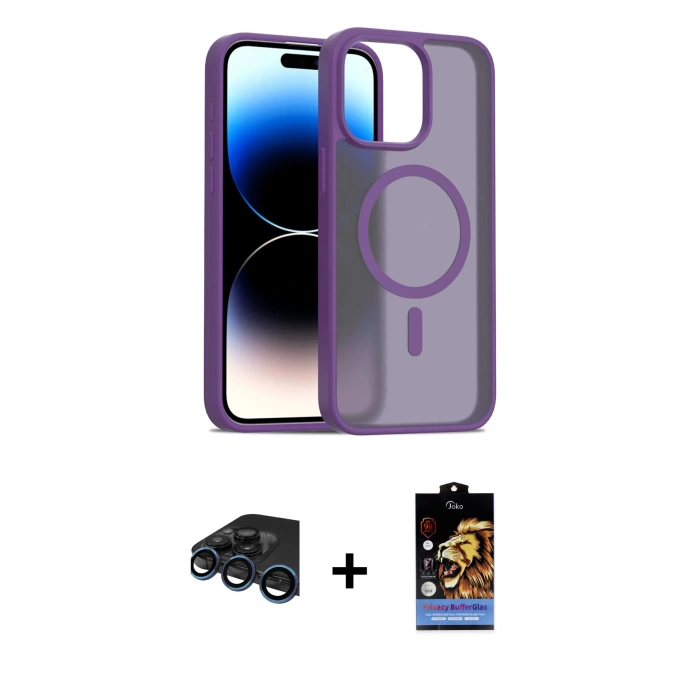 MARSİLYAN™- iPhone 15 Pro Kılıf Siluet Minimal Prime - Siyah Buffer Hayalet Cam Ekran Koruyucu + Raze Metal Kamera Lens - LT