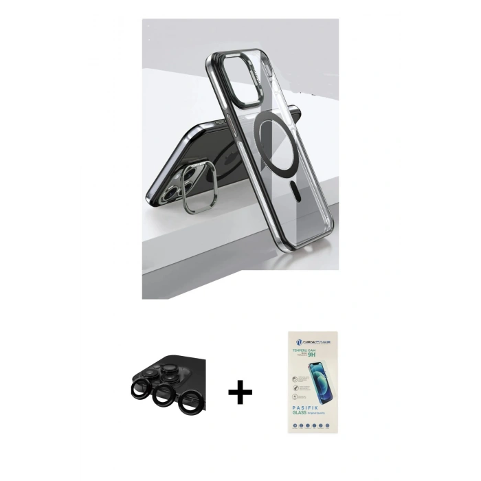 MARSİLYAN™- iPhone 15 Pro Kılıf Vadi Çizgi Özel Seri - Şeffaf Pasifik Cam Ekran Koruyucu + Raze Metal Kamera Lens - SH