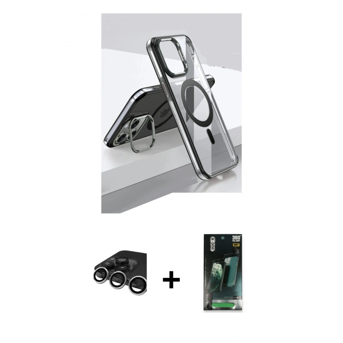 MARSİLYAN™- iPhone 15 Pro Kılıf Vadi Çizgi Özel Seri - Siyah 360 Mat Full Body Arka Koruyucu + Raze Metal Kamera Lens - GS