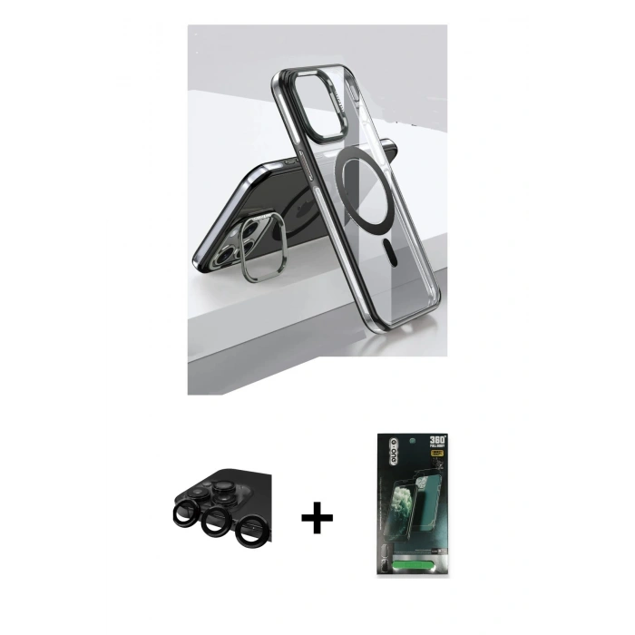 MARSİLYAN™- iPhone 15 Pro Kılıf Vadi Çizgi Özel Seri - Siyah 360 Mat Full Body Arka Koruyucu + Siyah Raze Metal Kamera Lens