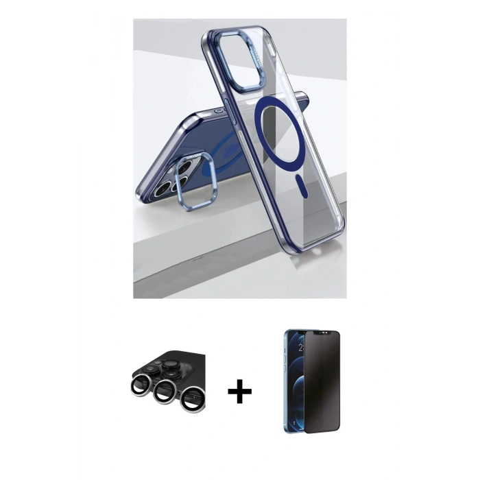MARSİLYAN™- iPhone 15 Pro Kılıf Vadi Çizgi Özel Seri - Siyah 3D Antistatik Hayalet Cam Ekran Koruyucu + Gümüş Raze Metal Kamera Lens