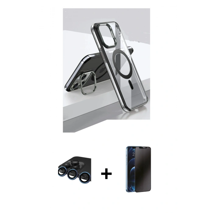 MARSİLYAN™- iPhone 15 Pro Kılıf Vadi Çizgi Özel Seri - Siyah 3D Antistatik Hayalet Cam Ekran Koruyucu + Raze Metal Kamera Lens - LT
