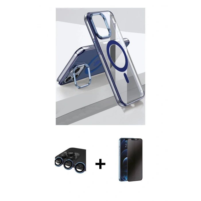 MARSİLYAN™- iPhone 15 Pro Kılıf Vadi Çizgi Özel Seri - Siyah 3D Antistatik Hayalet Cam Ekran Koruyucu + Raze Metal Kamera Lens - LT