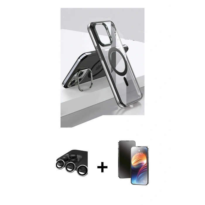 MARSİLYAN™- iPhone 15 Pro Kılıf Vadi Çizgi Özel Seri - Siyah 3D Antistatik Mat Seramik Nano Ekran Koruyucu + Raze Metal Kamera Lens - GS