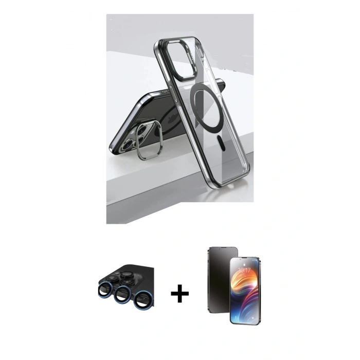 MARSİLYAN™- iPhone 15 Pro Kılıf Vadi Çizgi Özel Seri - Siyah 3D Antistatik Mat Seramik Nano Ekran Koruyucu + Raze Metal Kamera Lens - LT