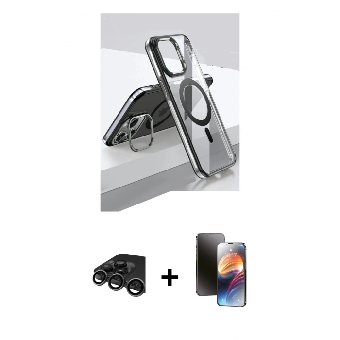 MARSİLYAN™- iPhone 15 Pro Kılıf Vadi Çizgi Özel Seri - Siyah 3D Antistatik Mat Seramik Nano Ekran Koruyucu + Titanyum Gri Raze Metal Kamera Lens