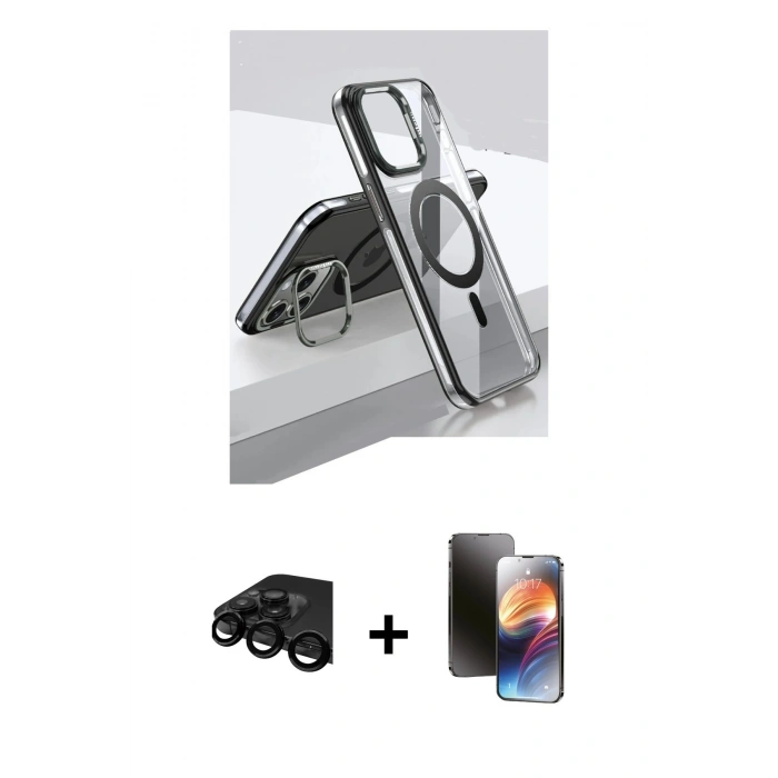MARSİLYAN™- iPhone 15 Pro Kılıf Vadi Çizgi Özel Seri - Siyah 3D Antistatik Mat Seramik Nano Ekran Koruyucu + Raze Metal Kamera Lens - SH