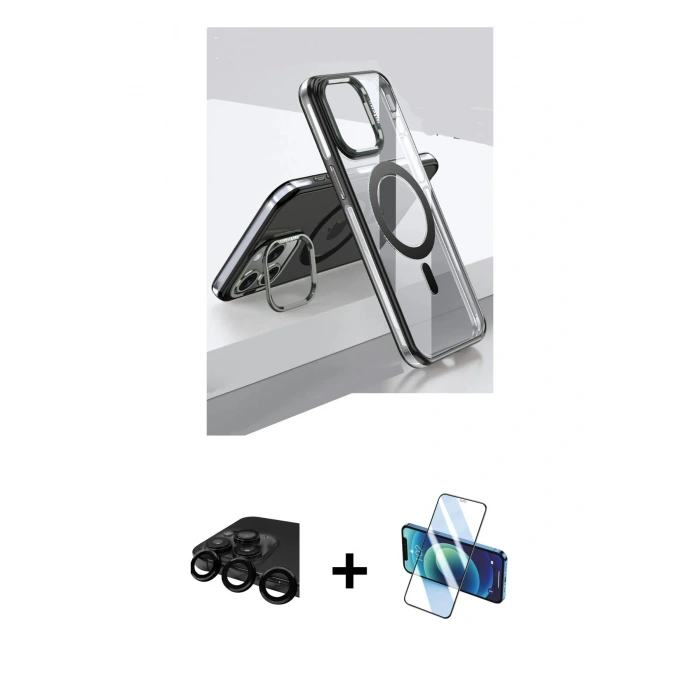 MARSİLYAN™- iPhone 15 Pro Kılıf Vadi Çizgi Özel Seri - Siyah 3D Antistatik Seramik Nano Ekran Koruyucu + Raze Metal Kamera Lens - SH