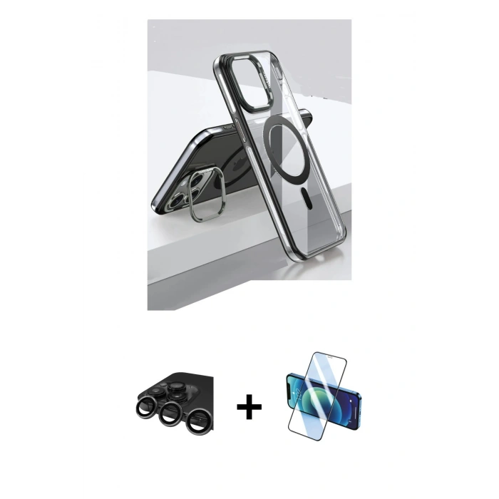 MARSİLYAN™- iPhone 15 Pro Kılıf Vadi Çizgi Özel Seri - Siyah 3D Antistatik Seramik Nano Ekran Koruyucu + Raze Metal Kamera Lens - TMGI