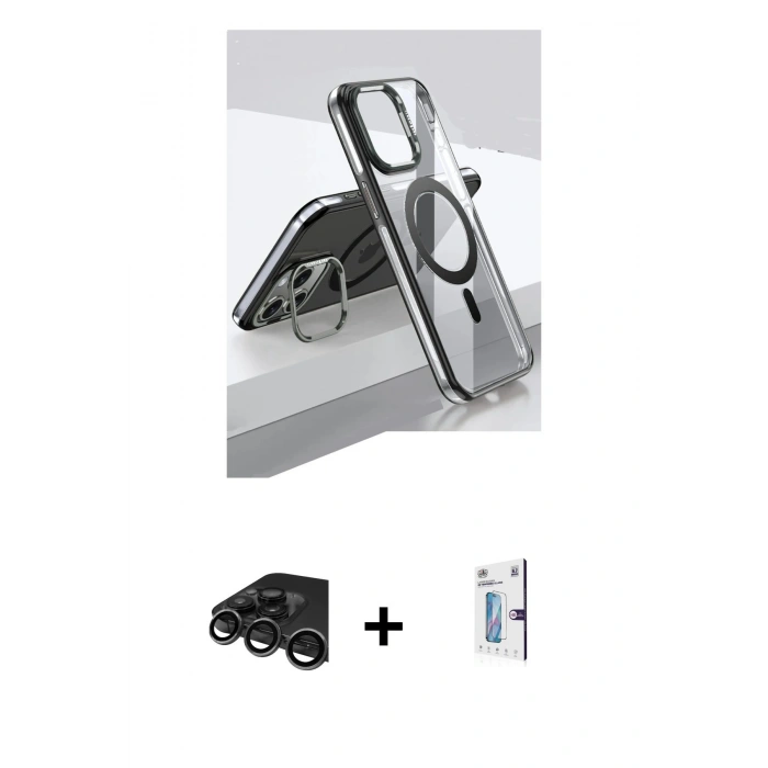 MARSİLYAN™- iPhone 15 Pro Kılıf Vadi Çizgi Özel Seri - Siyah Bilvis 0.18mm Plus Cam Ekran Koruyucu + Raze Metal Kamera Lens - TMGI