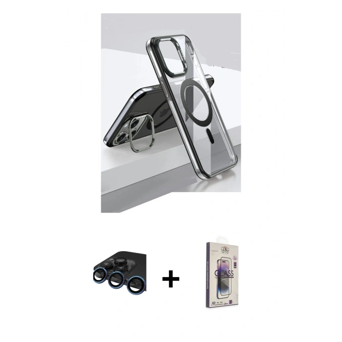 MARSİLYAN™- iPhone 15 Pro Kılıf Vadi Çizgi Özel Seri - Siyah Bilvis 3D Cam Ekran Koruyucu + Raze Metal Kamera Lens - LT