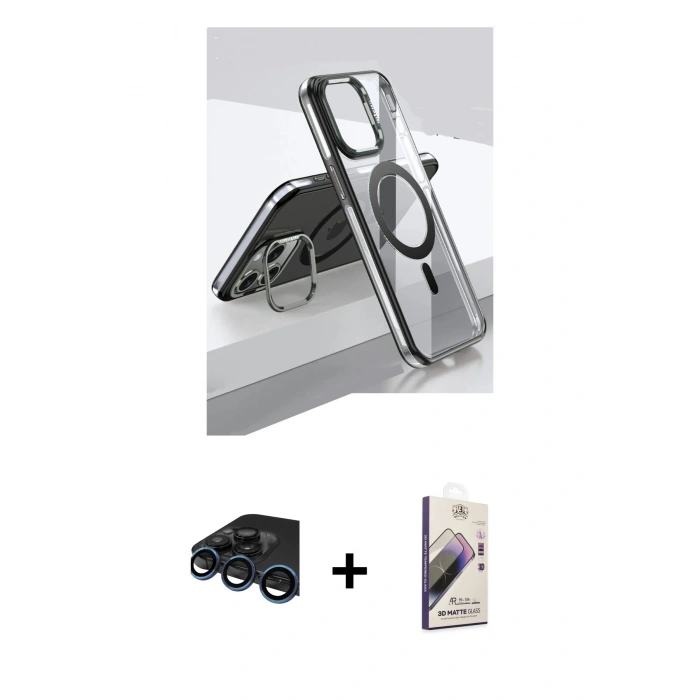 MARSİLYAN™- iPhone 15 Pro Kılıf Vadi Çizgi Özel Seri - Siyah Bilvis 3D Mat Cam Ekran Koruyucu + Raze Metal Kamera Lens - LT