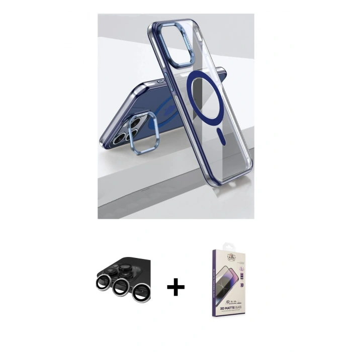 MARSİLYAN™- iPhone 15 Pro Kılıf Vadi Çizgi Özel Seri - Siyah Bilvis 3D Mat Cam Ekran Koruyucu + Raze Metal Kamera Lens - GS