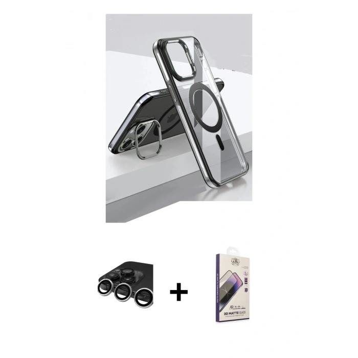 MARSİLYAN™- iPhone 15 Pro Kılıf Vadi Çizgi Özel Seri - Siyah Bilvis 3D Mat Cam Ekran Koruyucu + Raze Metal Kamera Lens - GS