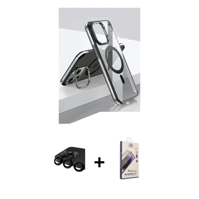 MARSİLYAN™- iPhone 15 Pro Kılıf Vadi Çizgi Özel Seri - Siyah Bilvis 3D Mat Cam Ekran Koruyucu + Raze Metal Kamera Lens - SH