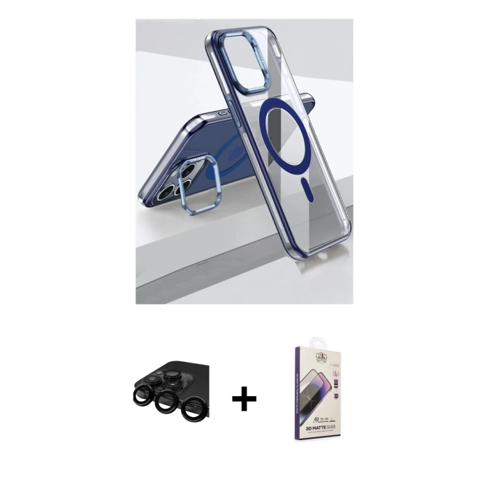 MARSİLYAN™- iPhone 15 Pro Kılıf Vadi Çizgi Özel Seri - Siyah Bilvis 3D Mat Cam Ekran Koruyucu + Raze Metal Kamera Lens - SH