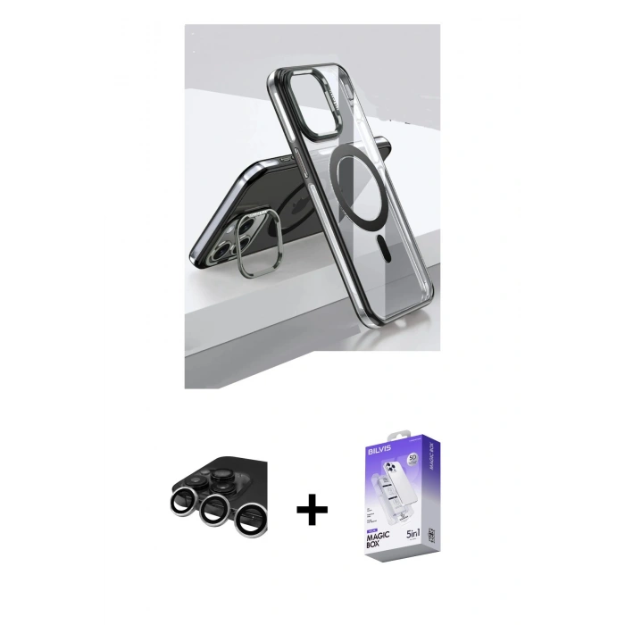 MARSİLYAN™- iPhone 15 Pro Kılıf Vadi Çizgi Özel Seri - Siyah Bilvis 5in1 3D Magic Cam Ekran Koruyucu + Raze Metal Kamera Lens - GS