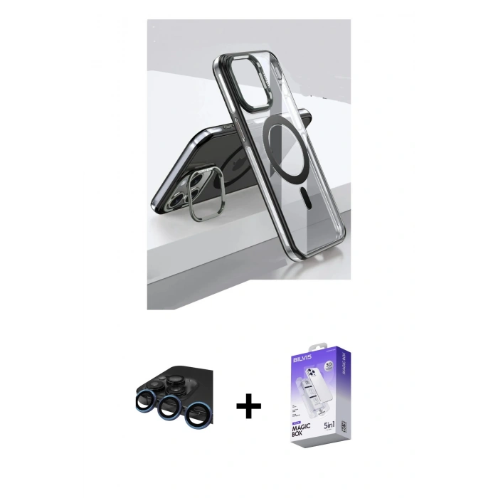 MARSİLYAN™- iPhone 15 Pro Kılıf Vadi Çizgi Özel Seri - Siyah Bilvis 5in1 3D Magic Cam Ekran Koruyucu + Raze Metal Kamera Lens - LT