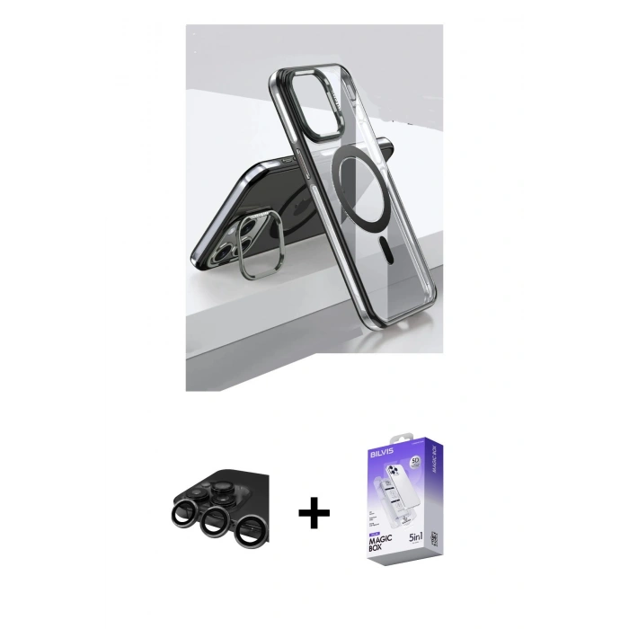 MARSİLYAN™- iPhone 15 Pro Kılıf Vadi Çizgi Özel Seri - Siyah Bilvis 5in1 3D Magic Cam Ekran Koruyucu + Raze Metal Kamera Lens - TMGI