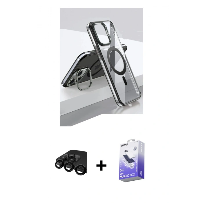 MARSİLYAN™- iPhone 15 Pro Kılıf Vadi Çizgi Özel Seri - Siyah Bilvis 5in1 5D Magic Hayalet Cam Ekran Koruyucu + Raze Metal Kamera Lens - SH