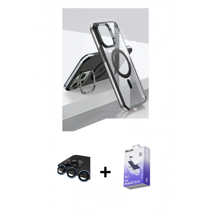 MARSİLYAN™- iPhone 15 Pro Kılıf Vadi Çizgi Özel Seri - Siyah Bilvis 5in1 5D Magic Hayalet Cam Ekran Koruyucu + Raze Metal Kamera Lens - LT