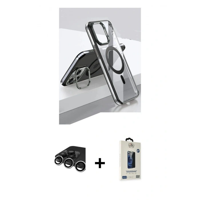 MARSİLYAN™- iPhone 15 Pro Kılıf Vadi Çizgi Özel Seri - Siyah Bilvis Hayalet Cam Ekran Koruyucu + Raze Metal Kamera Lens - GS
