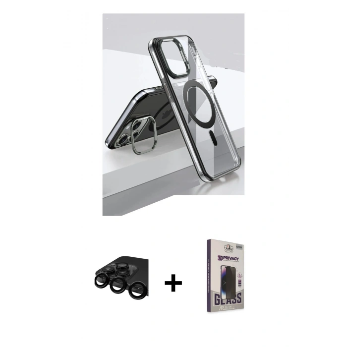 MARSİLYAN™- iPhone 15 Pro Kılıf Vadi Çizgi Özel Seri - Siyah Bilvis Hayalet Cam Ekran Koruyucu + Raze Metal Kamera Lens - SH