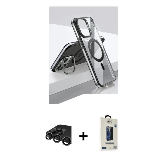 MARSİLYAN™- iPhone 15 Pro Kılıf Vadi Çizgi Özel Seri - Siyah Bilvis Hayalet Cam Ekran Koruyucu + Raze Metal Kamera Lens - TMGI